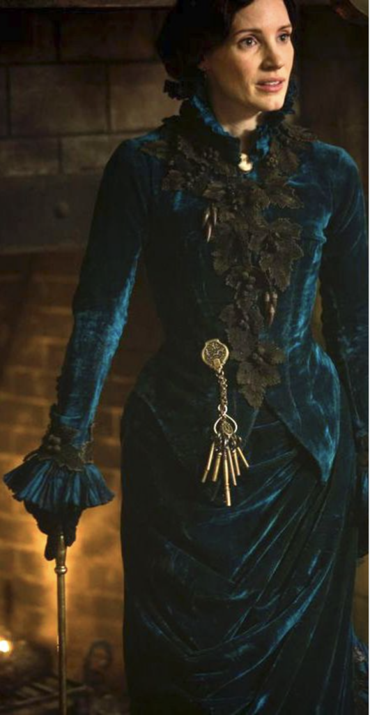 Jessica Chastain as Lucille, "Crimson Peak" (2015) Best Blue-Green (Teal, Turquoise, Aqua, Cyan) Costume, Gowns, & Dresses from Period Piece Dramas Movies
