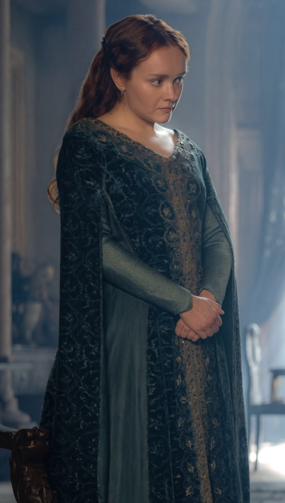 Olivia Cooke as Alicent Hightower Season 3 of HBO's "House of the Dragon" Ranking Alicent Costumes, Dresses, & Outfits, Fire Embroidered Blue-Green Velvet Gown,