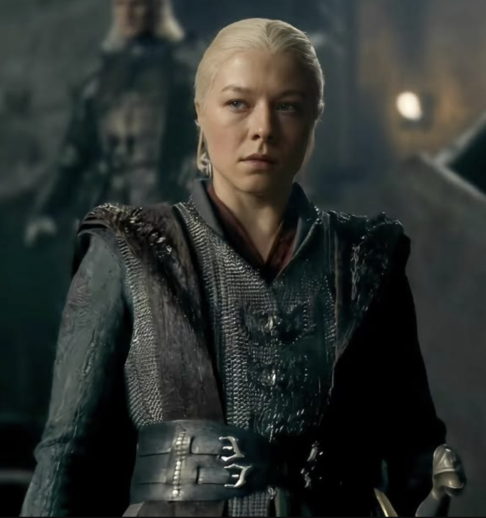 Emma D'Arcy as Rhaenyra Targaryen in Season 3 of HBO's “House of the Dragon” Ranking Rhaenyra Costumes, Dresses, & Outfits, Chain Mail Riding Ensemble