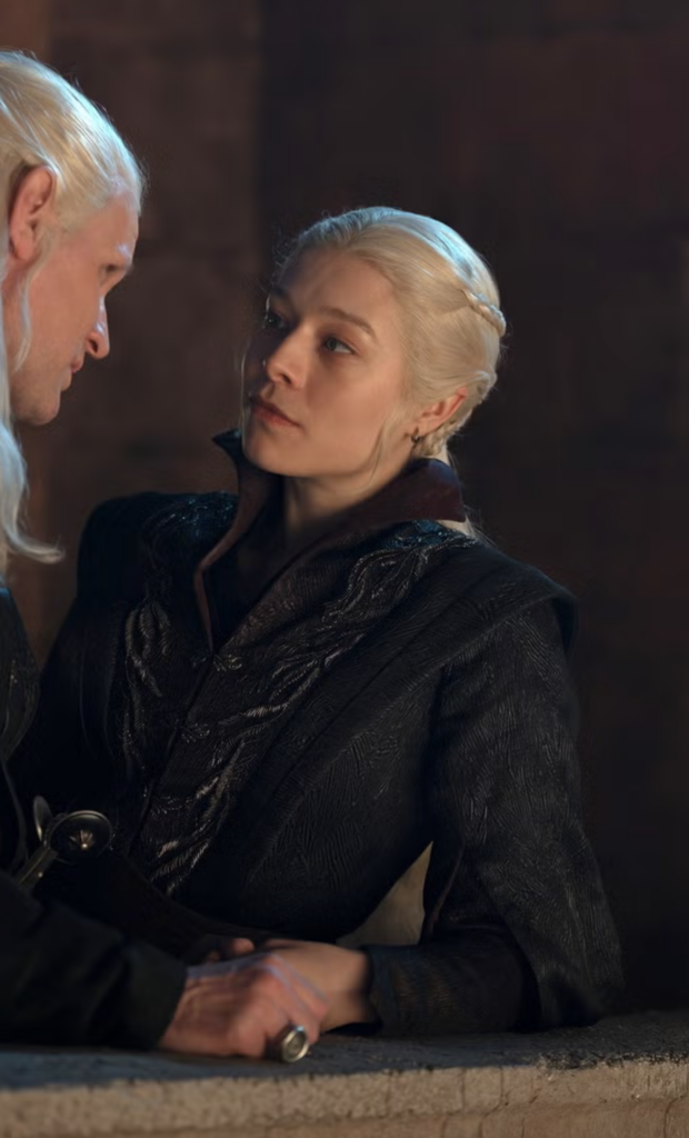 Emma D'Arcy as Rhaenyra Targaryen in Season 3 of HBO's “House of the Dragon” Ranking Rhaenyra Costumes, Dresses, & Outfits, High Collar Outfit