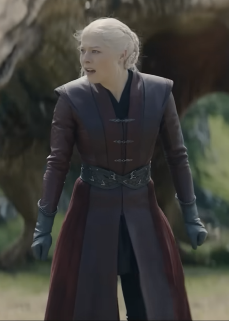 Emma D'Arcy as Rhaenyra Targaryen in Season 3 of HBO's “House of the Dragon” Ranking Rhaenyra Costumes, Dresses, & Outfits, Red Leather Riding Costume