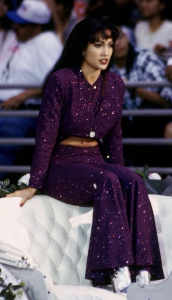 Jennifer Lopez as Selena, "Selena" 1997 Best Purple Costume, Gowns, & Dresses from Modern Set Movies