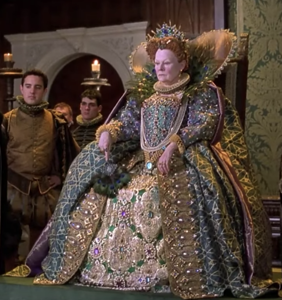 Judi Dench as Queen Elizabeth, "Shakespeare in Love" (1998) Best Blue-Green (Teal, Turquoise, Aqua, Cyan) Costume, Gowns, & Dresses from Period Piece Dramas Movies